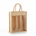 Khaki clear-front triple bottle jute wine bag