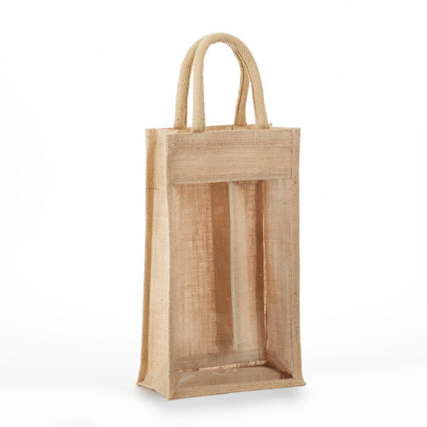 Khaki clear-front double bottle jute wine bag