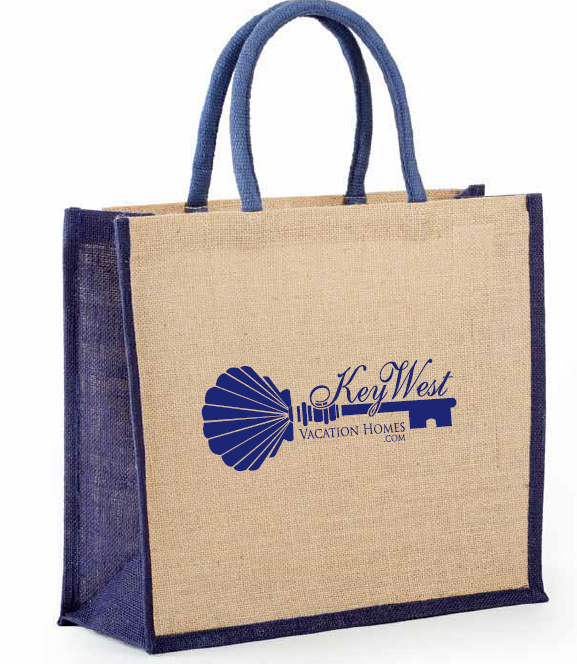 Khaki and navy jute grocery tote bag with rope handles