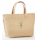 Khaki small jute tote bag with leather handles and zipper