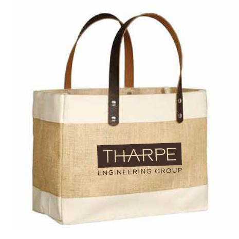 Khaki Serene laminated jute tote bag with leather handles