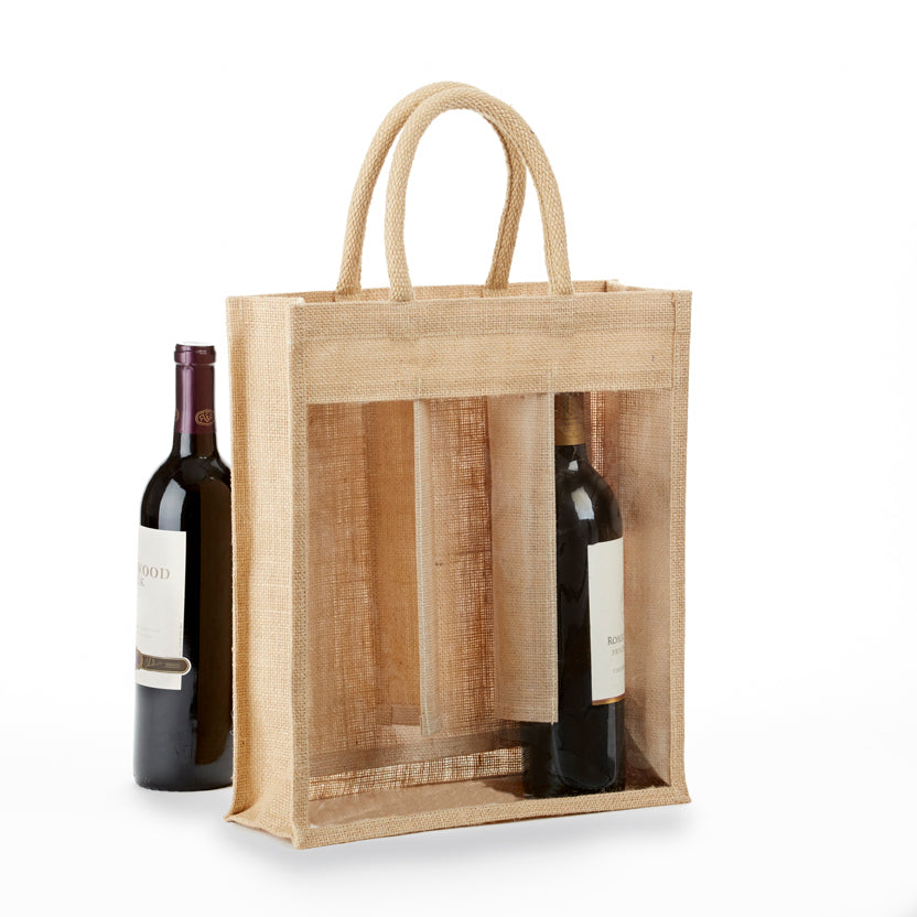 Khaki triple bottle jute wine bag with clear front window, three bottles shown