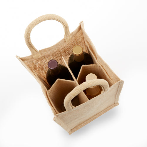 Interior view of khaki four bottle jute wine tote bag showing four bottle compartments