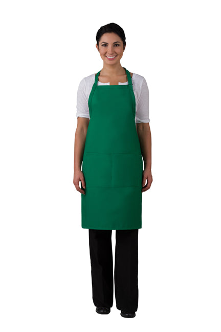 Green butcher-style bib apron with center divided pocket