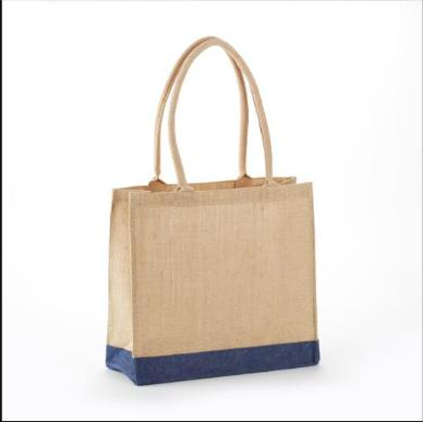 Khaki/Navy jute burlap economy tote bag with rope handles