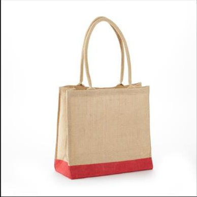Khaki/Red jute burlap economy tote bag with rope handles