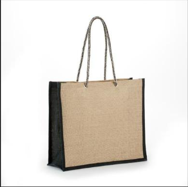 Khaki/Black fashion jute tote bag with matching rope handles