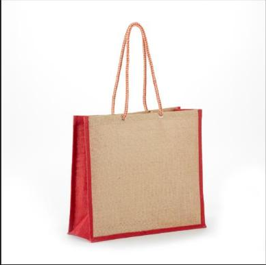 Khaki/Red fashion jute tote bag with matching rope handles