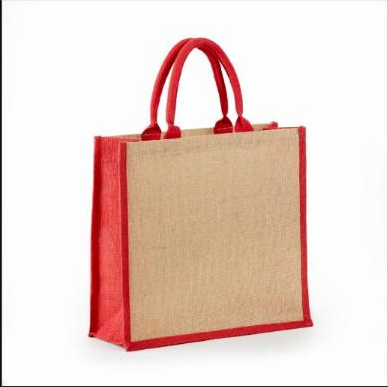 Khaki/Red natural jute grocery tote bag with rope handles