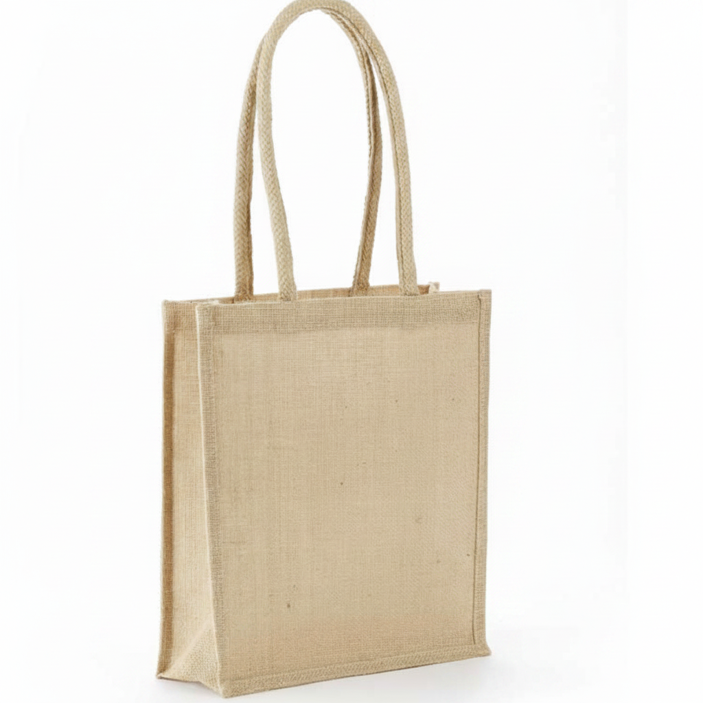 Natural jute book bag with rope handles, blank, white background