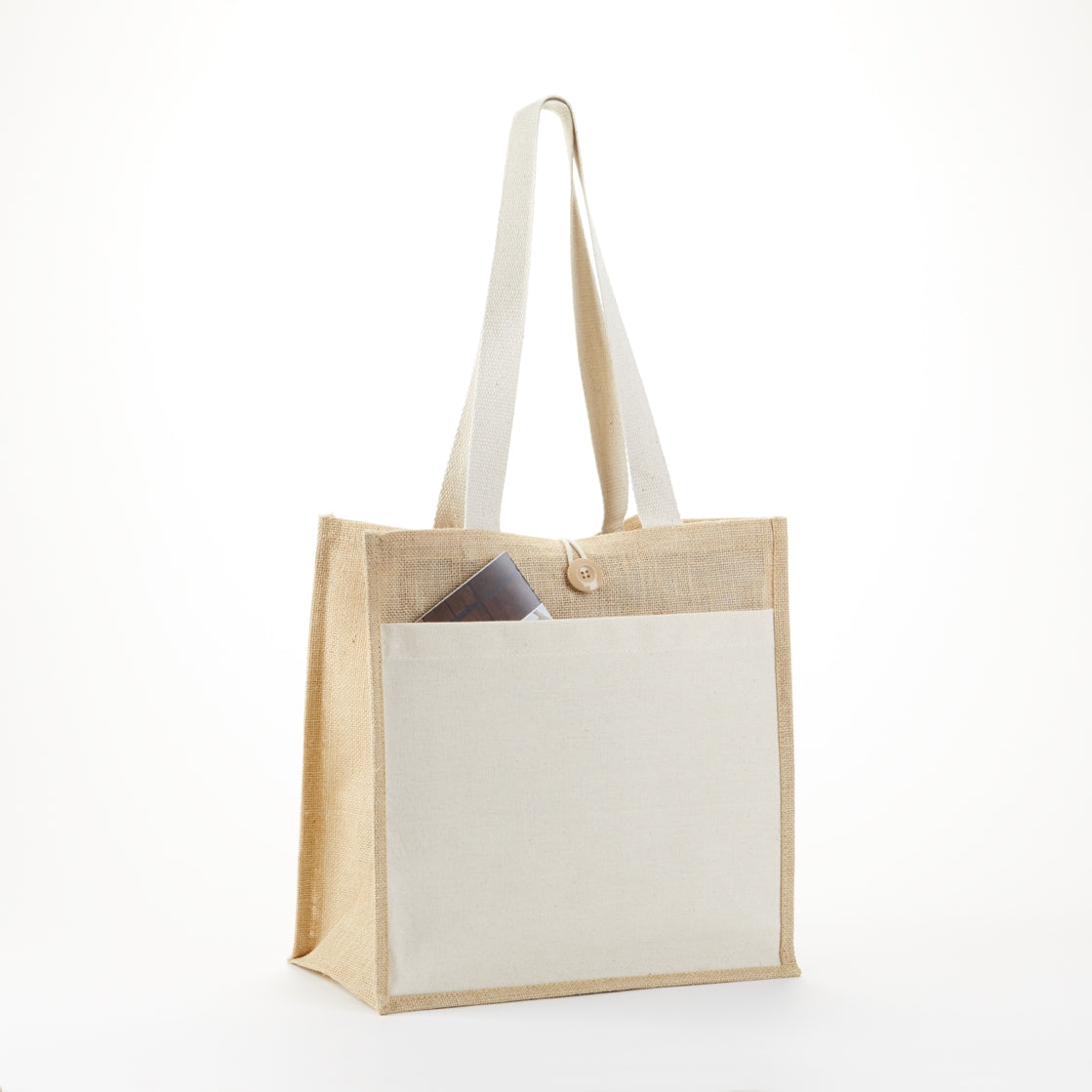 Khaki Buddy jute tote bag with cotton front pocket