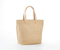 Khaki organic jute tote bag with leather handles