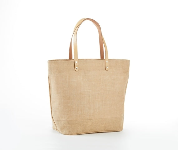 Khaki organic jute tote bag with leather handles
