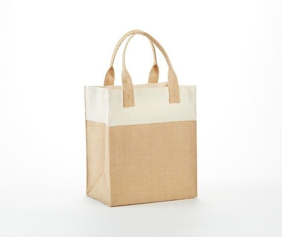 Natural mini jute gift bag with colored cotton trim