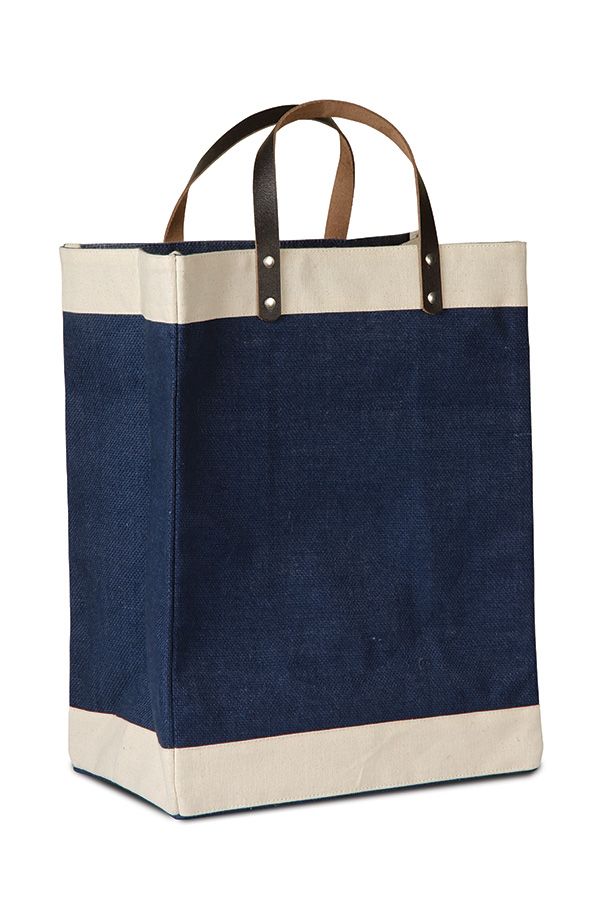 Khaki/Navy jute market tote with leather handles