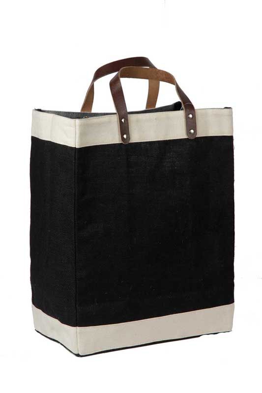 Khaki/Black jute market tote with leather handles