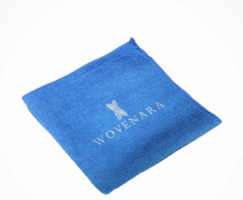 Blue 12x12 microfiber towel with Wovenara logo print