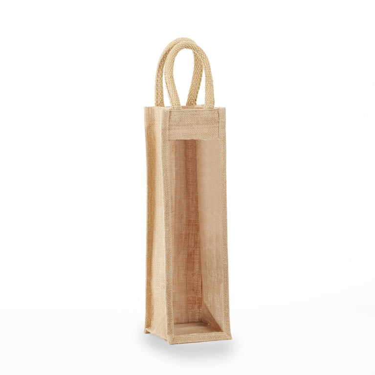 Khaki jute wine bottle bag with clear PVC window
