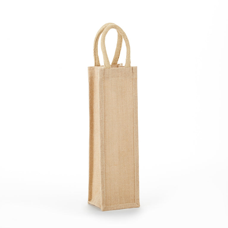 Khaki jute single wine bottle bag, front view