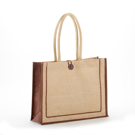 Beige tote bag with brown accents on a white background