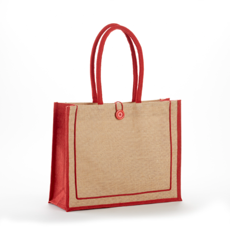 Khaki/Red Tuscany two-tone jute tote bag with cotton handles