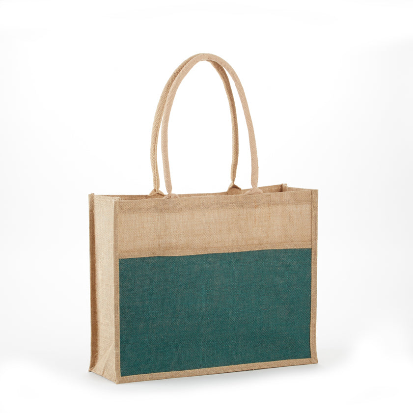 Khaki and dark green two-tone jute shopping tote bag