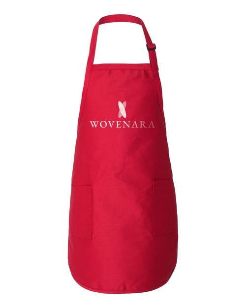 Red bib apron with adjustable buckle and Wovenara logo print sample