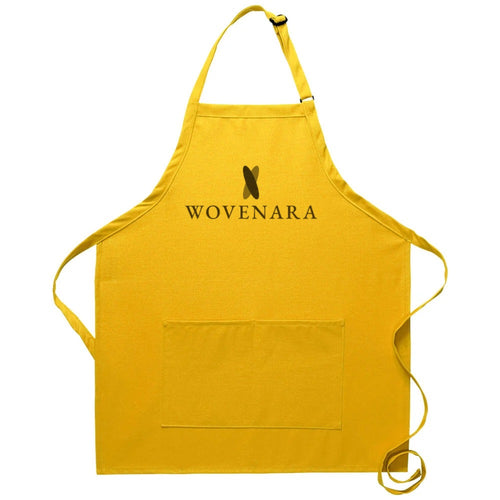 Yellow bib apron with center divided pocket and Wovenara logo print sample