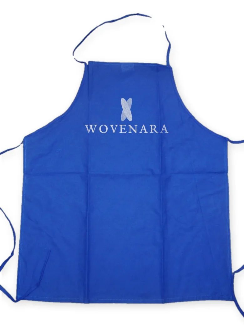 Royal blue kids cotton bib apron with Wovenara logo print