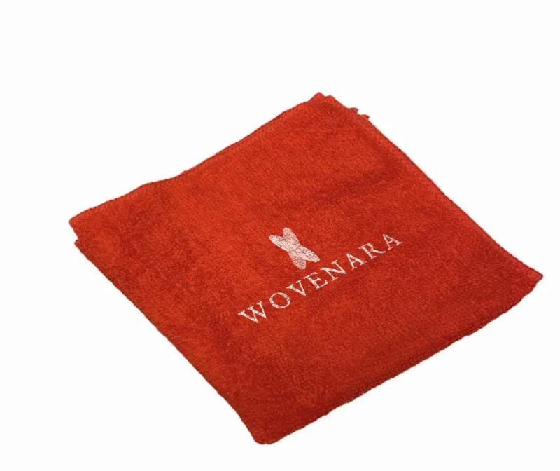 Red 12x12 microfiber towel with Wovenara logo print