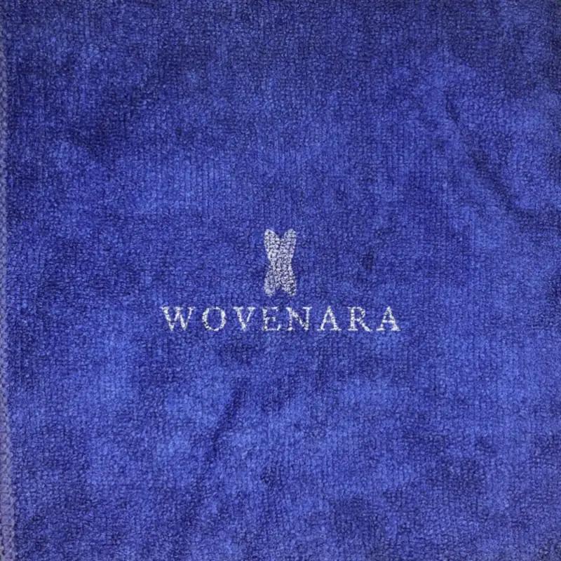 Blue 16x27 microfiber sports towel with Wovenara logo print