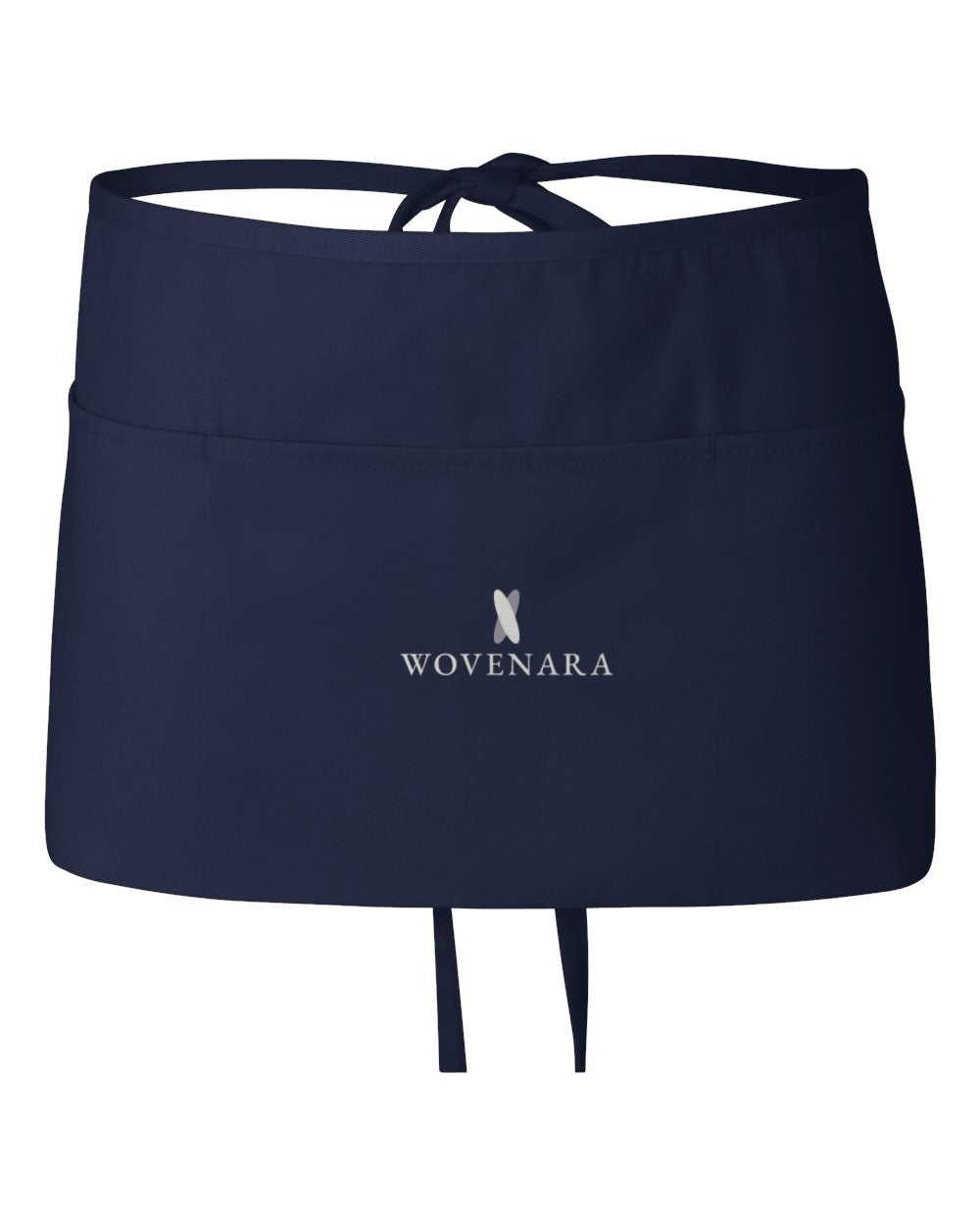 Navy three-compartment waist apron with Wovenara logo print sample