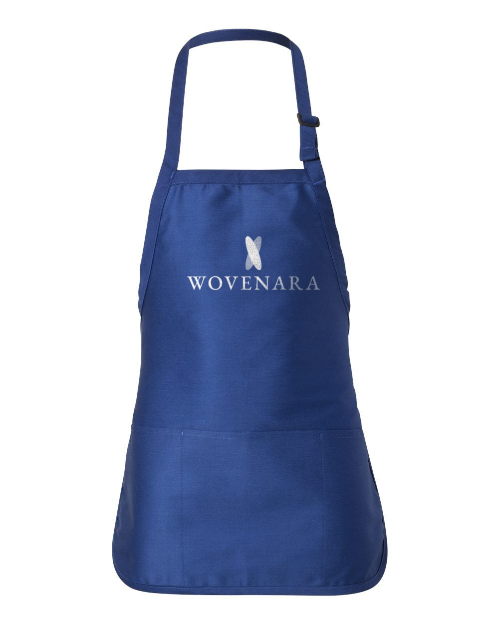 Royal blue full-width three-pocket bib apron with Wovenara logo print sample
